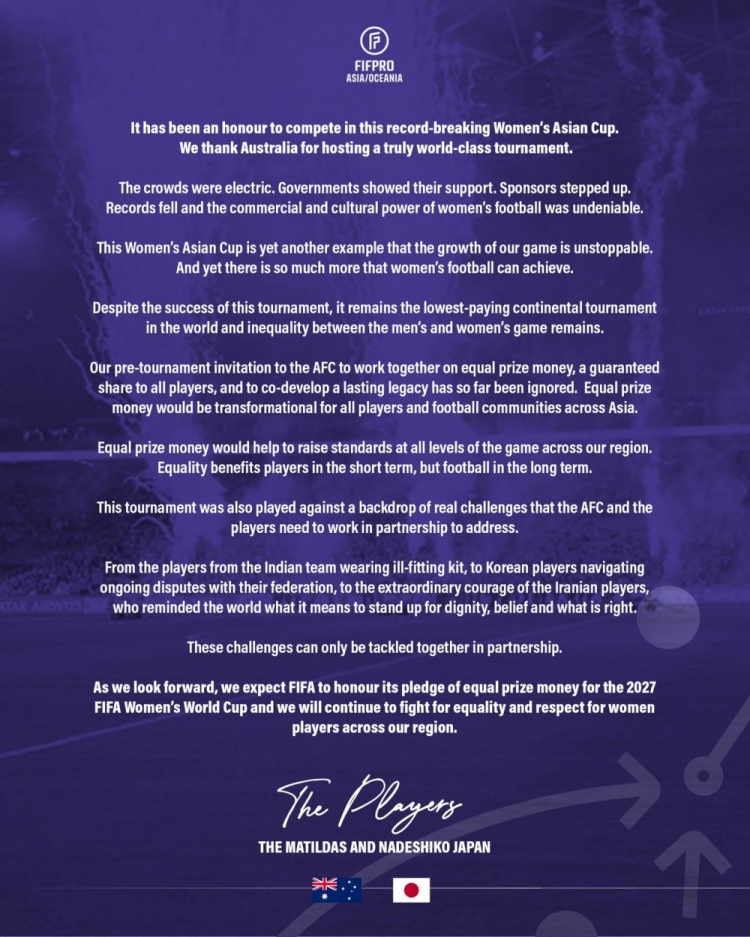 B体育首页-澳大利亚女足和日本女足共同发表声明，要求提高女足赛事奖金
