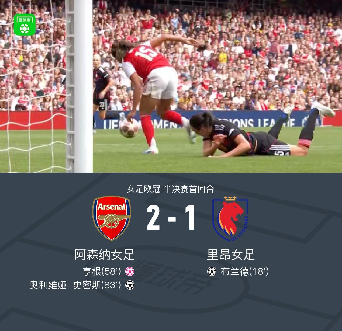 B体育赛事资讯-阿森纳女足2-1里昂占先机，史密斯破门，布兰德进球难救主